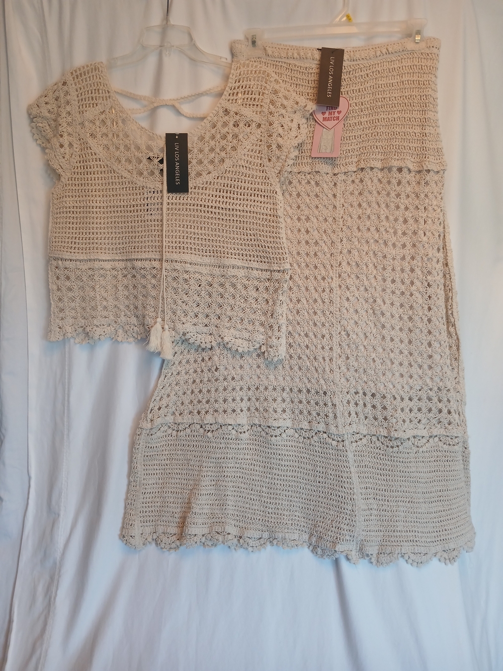 New! Liv Los Angeles Cream Boho Crochet Maxi Skirt Set L